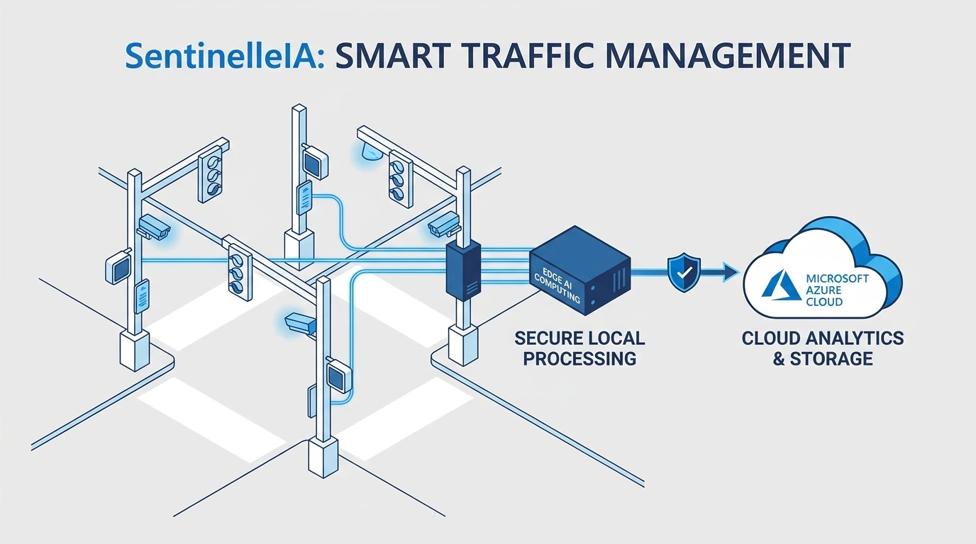 SentinelleIA architecture: intersection cameras and signal controllers connect to a secure local Edge AI computing unit, which syncs to Microsoft Azure cloud analytics and storage.